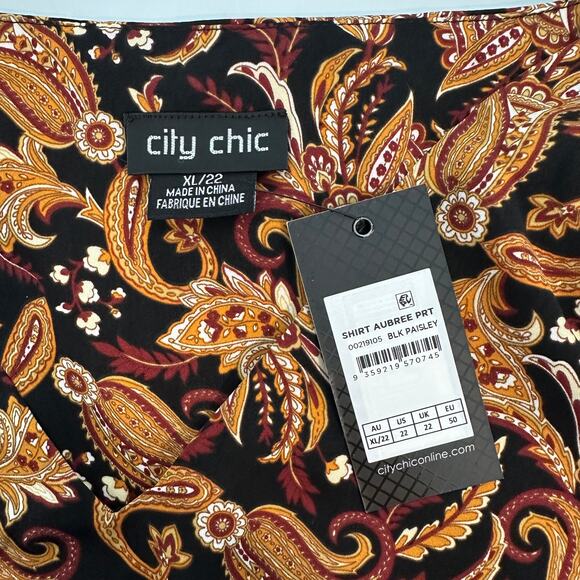 City Chic Women's Plus Size Aubree Print Shirt Size XL US 22 Black Gold Paisley - Picture 7 of 11